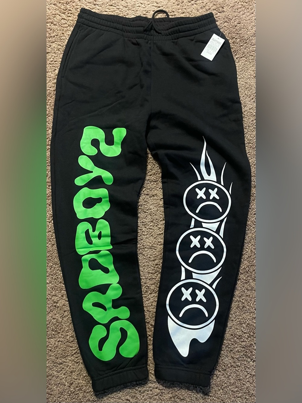 Sad Boys Black Sweatpants with Green Script & White Graphic Joggers Size L